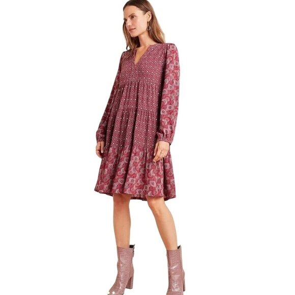 Anthropologie MAEVE Maroon Amber Tiered Tunic‎ Dress Size SP - Picture 1 of 13